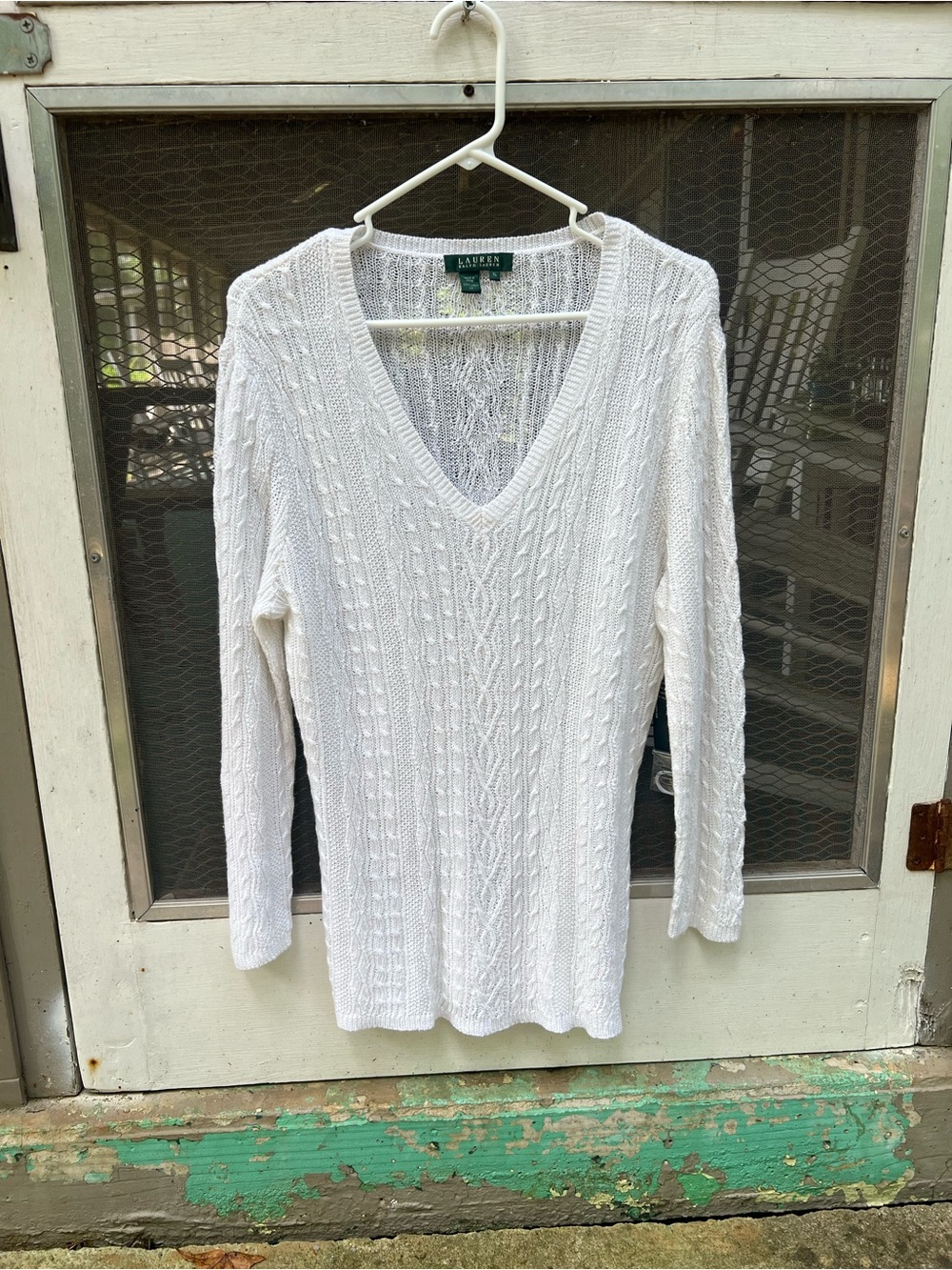 Ralph Lauren White Open-Knit Cable V-Neck Sweater